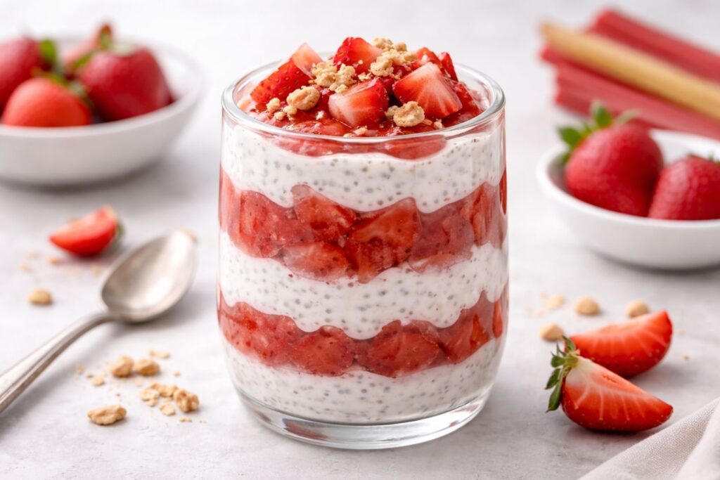 Strawberry rhubarb chia parfait layered with yogurt and fresh fruit