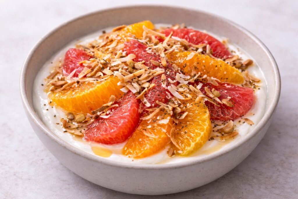 Citrus yogurt bowl topped with toasted coconut and fresh fruit