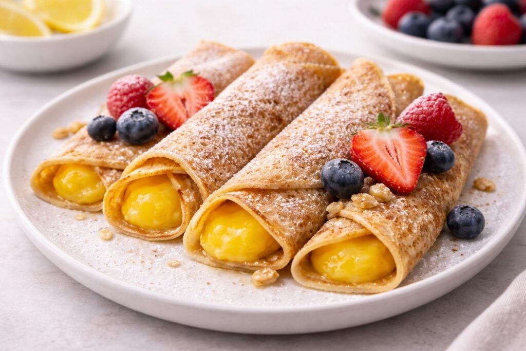 Whole wheat crepes filled with lemon curd and fresh berries