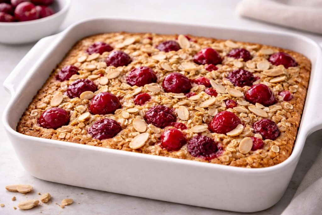 Cherry almond baked oatmeal served warm for healthy breakfast