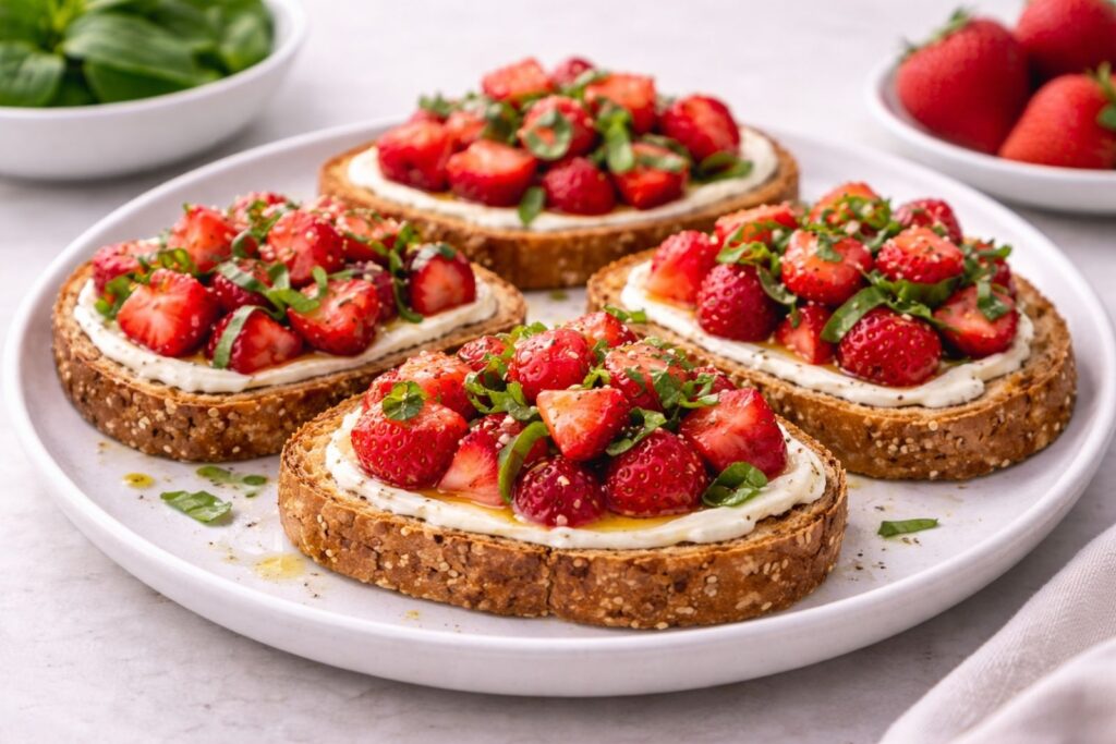 Strawberry basil breakfast bruschetta on whole grain toast