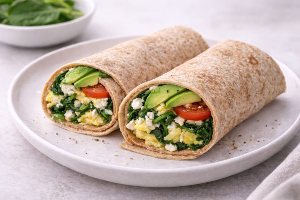 Spinach and feta breakfast wrap with scrambled eggs