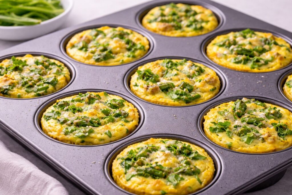 Asparagus and herb frittata cups baked in muffin tin