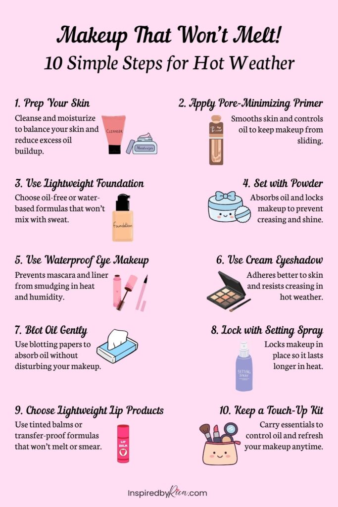 makeup routine for hot weather, sweat proof makeup routine steps, makeup that won’t melt in heat tips