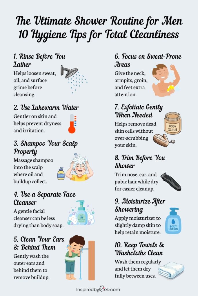 shower routine for men, men’s shower routine, men’s hygiene tips